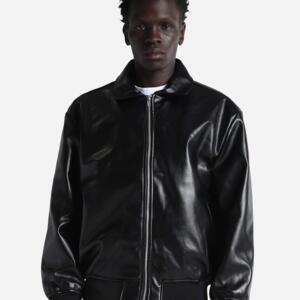 Unisex PU Leather Collared Varsity Jacket Miniaturansicht